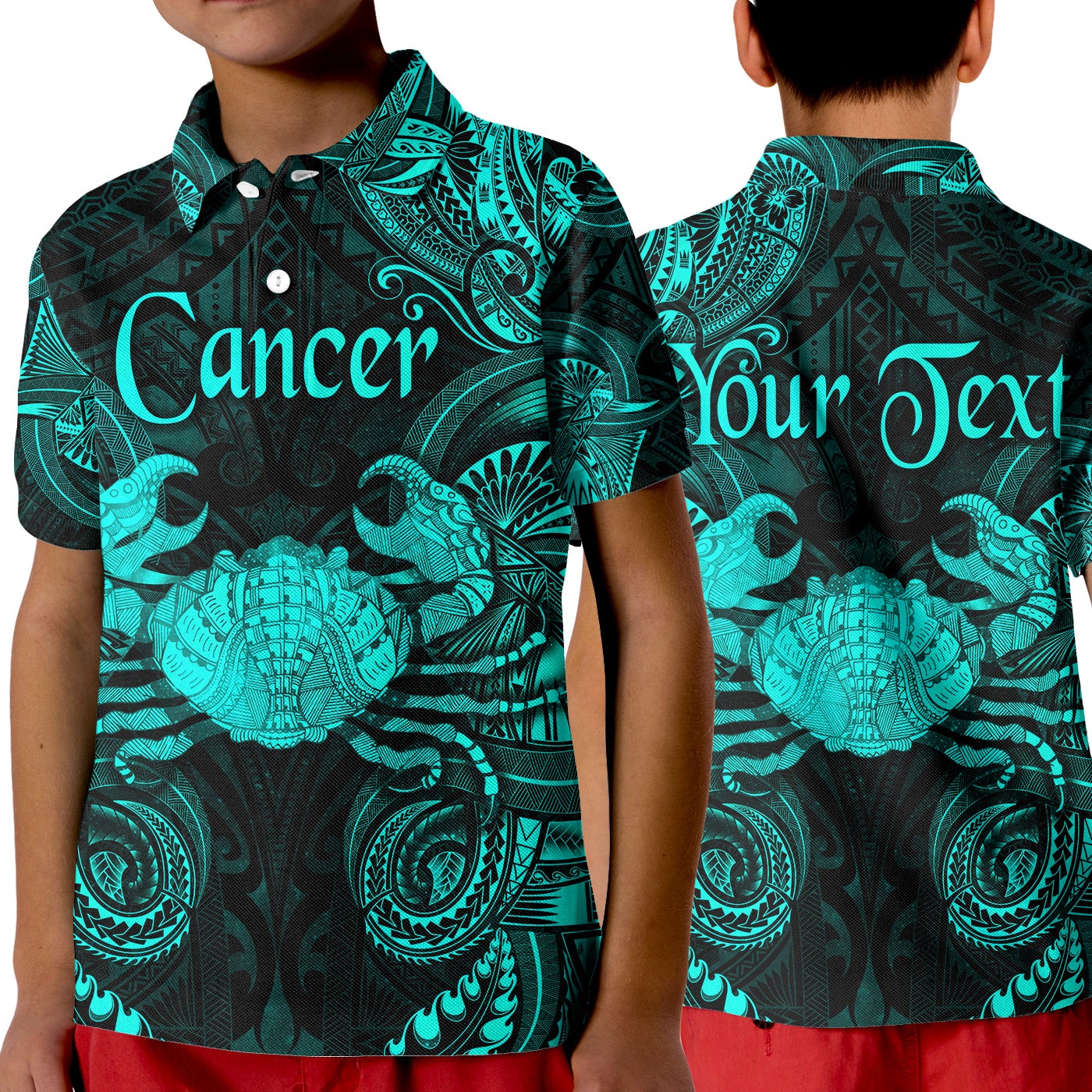 custom-personalised-cancer-zodiac-polynesian-polo-shirt-kid-unique-style-turquoise