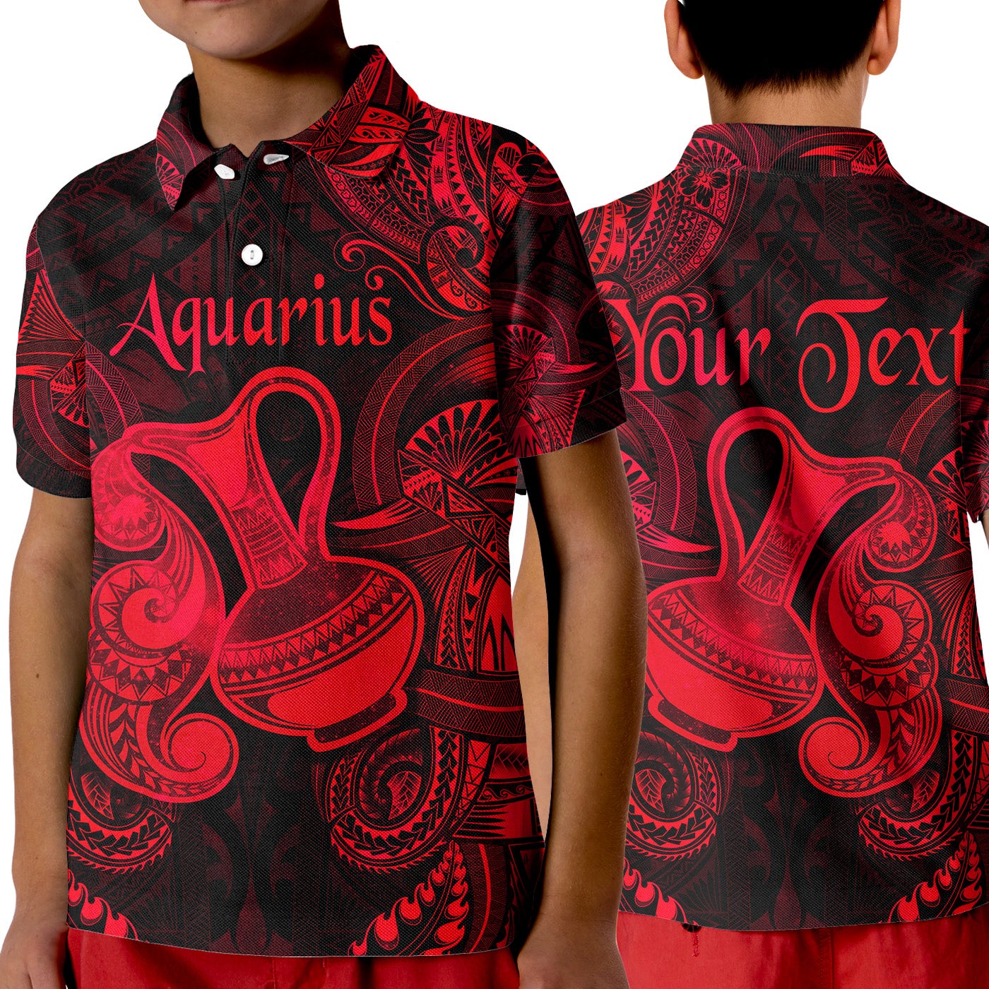 custom-personalised-aquarius-zodiac-polynesian-polo-shirt-kid-unique-style-red