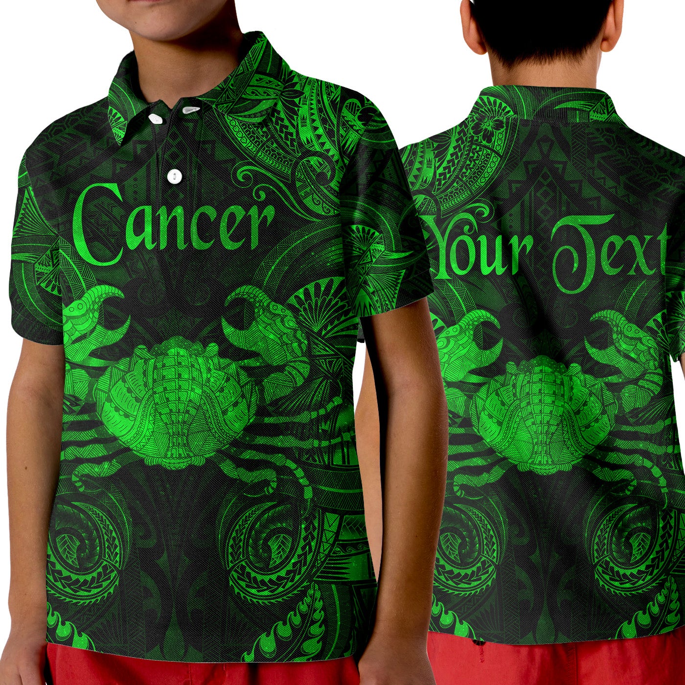 custom-personalised-cancer-zodiac-polynesian-polo-shirt-kid-unique-style-green