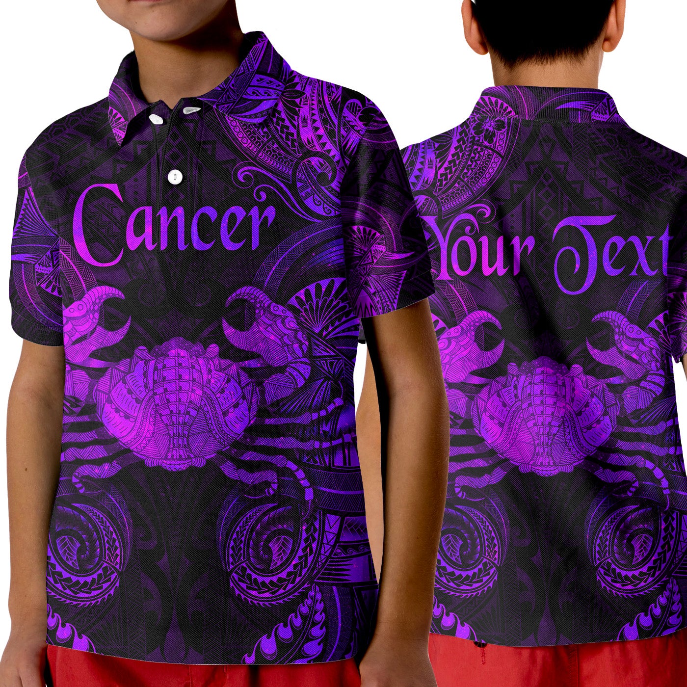custom-personalised-cancer-zodiac-polynesian-polo-shirt-kid-unique-style-purple