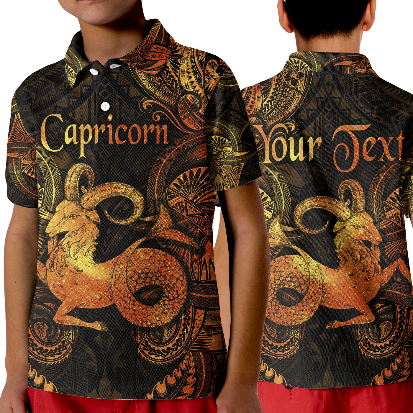 custom-personalised-capricorn-zodiac-polynesian-polo-shirt-kid-unique-style-gold