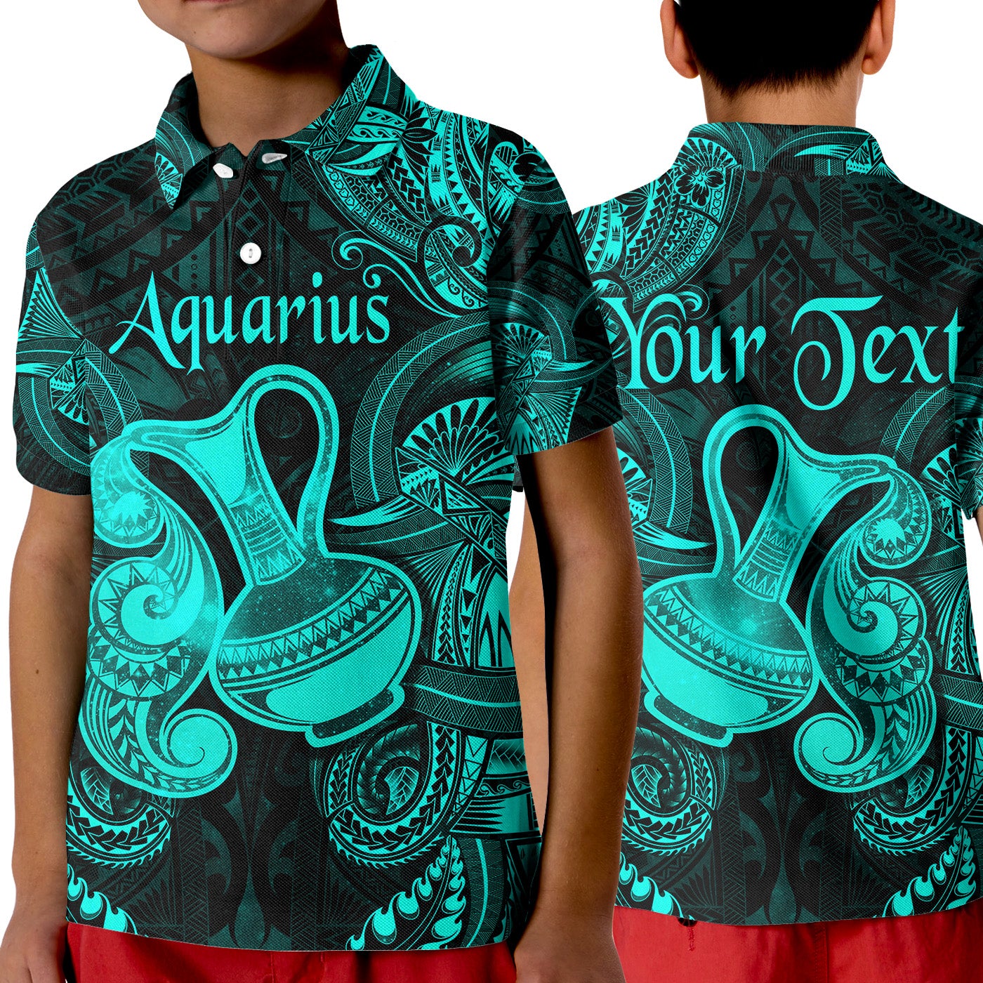 custom-personalised-aquarius-zodiac-polynesian-polo-shirt-kid-unique-style-turquoise
