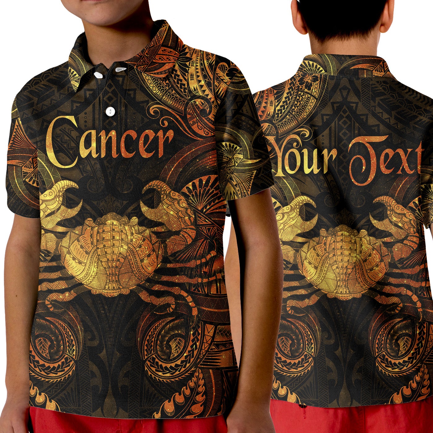 custom-personalised-cancer-zodiac-polynesian-polo-shirt-kid-unique-style-gold