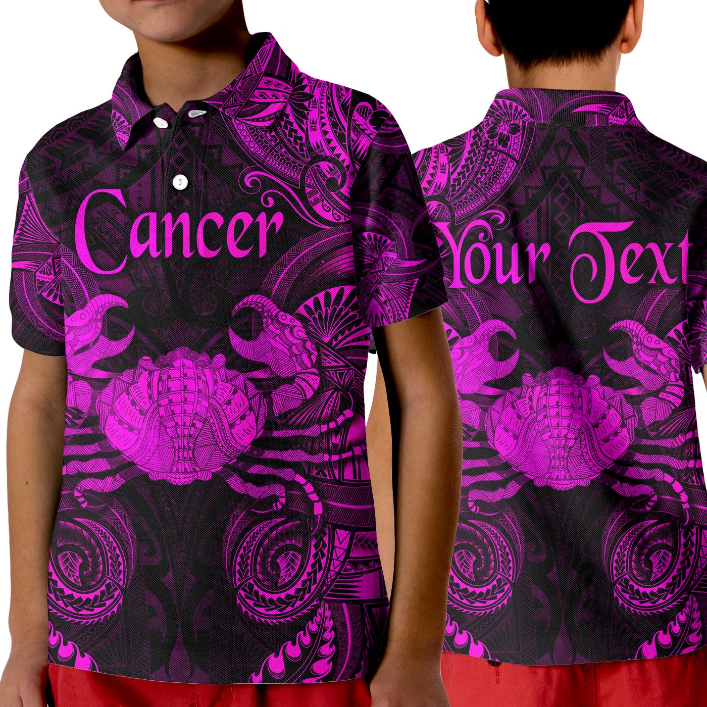custom-personalised-cancer-zodiac-polynesian-polo-shirt-kid-unique-style-pink