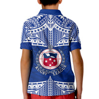 Kids blue rugby polo shirt back view with Rugby League crest and tribal stripe print