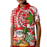 Kids red beach polo shirt with colorful holiday Santa and hibiscus graphic front.