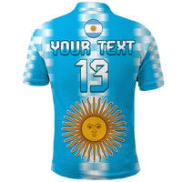 Blue Argentina polo back with YOUR TEXT 13, sun emblem, and flag patch
