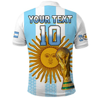 Argentina football polo shirt in blue and white stripes with back number 10 and sun trophy graphic