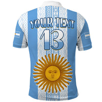 Argentina football polo shirt, back print with custom text, number 13, and sun emblem
