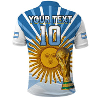 Argentina football polo shirt, back with YOUR TEXT 10, sun face graphic and gold trophy