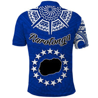 Kids blue polo shirt with white Rarotonga script and circular star emblem