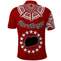 Red polo with Rarotonga script, white star wreath and map graphic