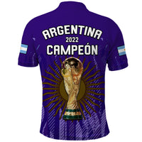 Purple football polo shirt back with 'ARGENTINA 2022 CAMPEON' and trophy burst print