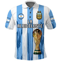 Argentina football polo shirt, white and light blue vertical stripes, crest and trophy graphic