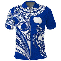 Kids blue polo shirt with white tribal turtle and map-style front print