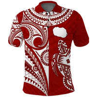 Red polo with white Polynesian map & turtle graphic, button collar