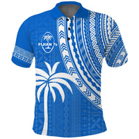 Blue rugby sevens polo shirt with tapa-style striped patterns and buttoned placket