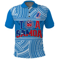 Blue rugby polo shirt front with Samoan pattern, T A SAMOA graphic and crest.