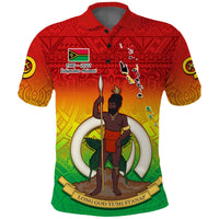 Red gradient polo shirt with Independence Anniversary graphic and flag emblem, front