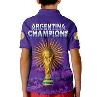 Kids purple football polo shirt, 'Argentina Champions' text and trophy graphic