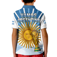 Blue-and-white Argentina football polo shirt back with VAMOS lettering and golden trophy figure