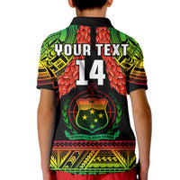 Kids rugby polo T-shirt, black collar, back print says YOUR TEXT 14 with green/red crest