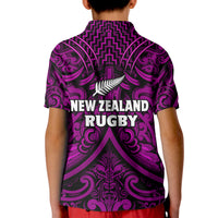 Purple rugby polo shirt back with New Zealand Rugby text and silver fern, Maori-style print