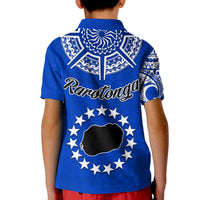 Kids blue polo shirt back with Rarotonga text and star ring over island shape