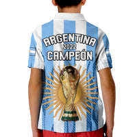 Kids Argentina polo shirt, light blue and white stripes, Argentina Campeon back print.