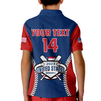 Kids baseball polo shirt back, blue with red sleeves, Your Text 14 and USA emblem