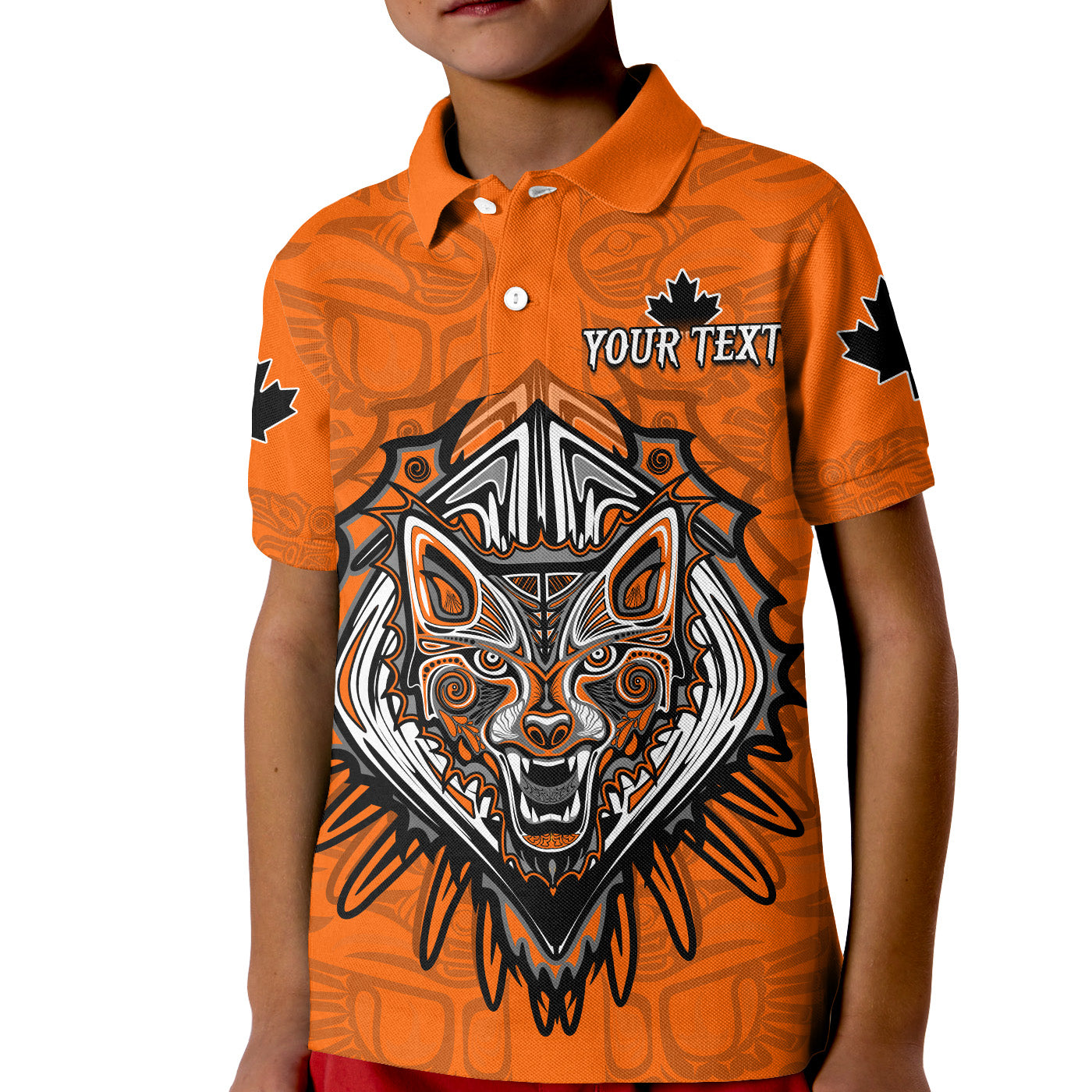 custom-personalised-canada-maple-leaf-polo-shirt-kid-orange-haida-wolf