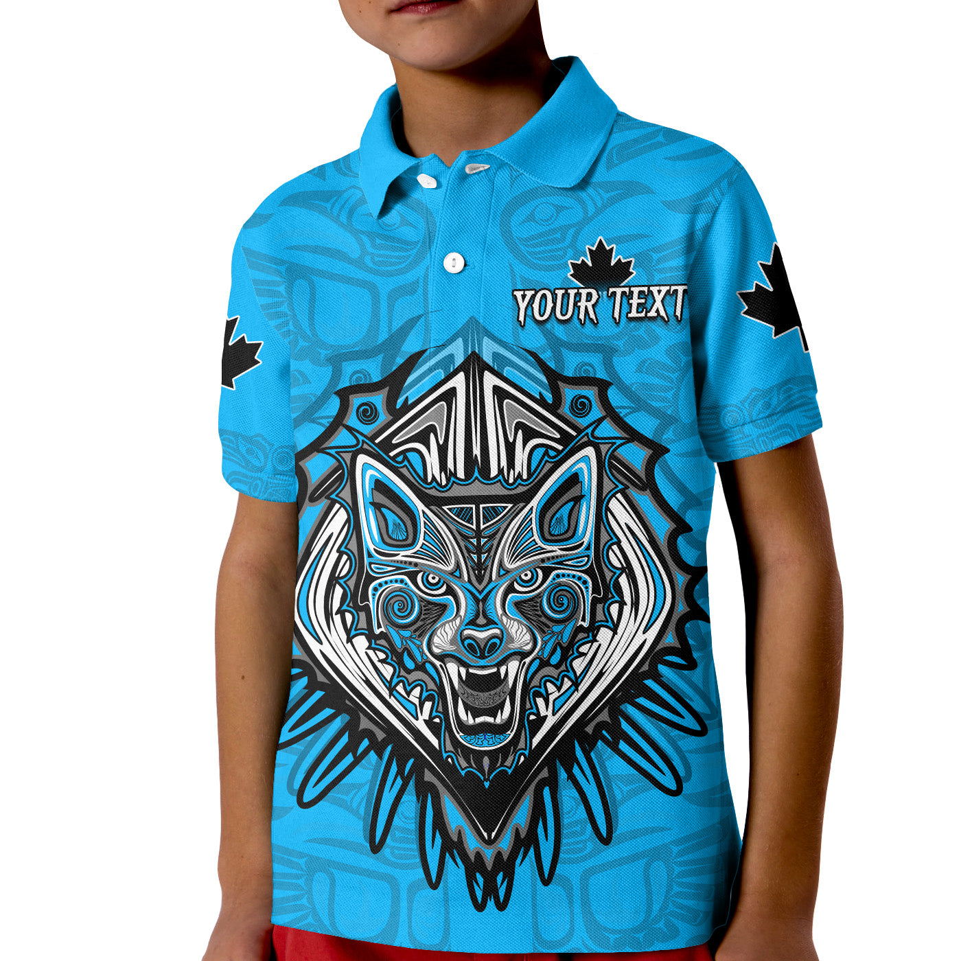custom-personalised-canada-maple-leaf-polo-shirt-kid-blue-haida-wolf