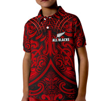Kids rugby polo shirt, red-and-black Maori pattern, short sleeves, button placket