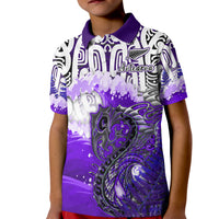 Custom Manaia Maori Polo Shirt KID Fern Aotearoa Purple Waves LT13 - Wonder Print Shop