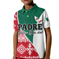 Kids polo shirt with green collar and red, white, green Aztec pattern; "PADRE" text