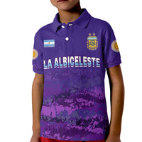 Kids purple football polo shirt, front graphic and crest, short sleeves