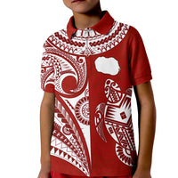 Youth red polo with white Polynesian pattern panel and button collar