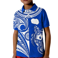 Kids blue polo shirt front with white map and turtle pattern and button placket