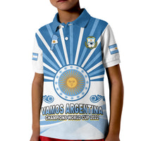 Kids football polo shirt with blue-and-white stripes, crest patch, front graphic and collar