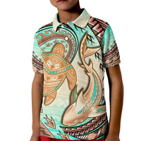 Hawaii Polo Shirt KID Polynesian Shark And Sea Turtle Dreamy Turquoise Artsy - Wonder Print Shop