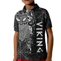 Black kids polo shirt with Odin warrior graphic and rune symbols, short sleeves