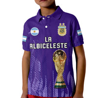 Kids purple football polo shirt with Argentina crest, trophy graphic, and La Albiceleste text