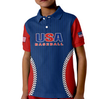 Kids baseball polo shirt, blue with red sleeves and USA baseball front graphic