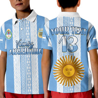 Argentina football polo shirt, blue-and-white stripes, back print “YOUR TEXT 13” and sun graphic