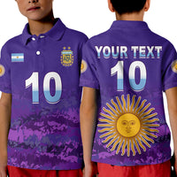 Purple kids football polo shirt front and back, number 10 and 'YOUR TEXT' on back