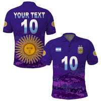 Purple football polo shirt with 'YOUR TEXT' and number 10, sun face graphic on back