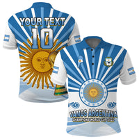 Argentina football polo shirt, blue and white stripes, back with YOUR TEXT 10 and sun graphic