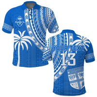 Blue rugby sevens polo shirt with patterned front, short sleeves, and buttoned collar