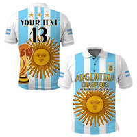 Argentina polo shirt, blue-white stripes, back print 'YOUR TEXT' and number 13