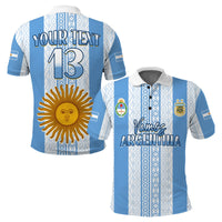 Argentina football polo shirt, blue-and-white stripes, back print with number 13 and sun graphic